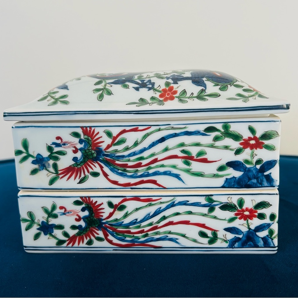 Vintage Chinese Dragon Phoenix 2 Tiered Stacked Porcelain Box | Chinoiserie - Picture 5 of 7